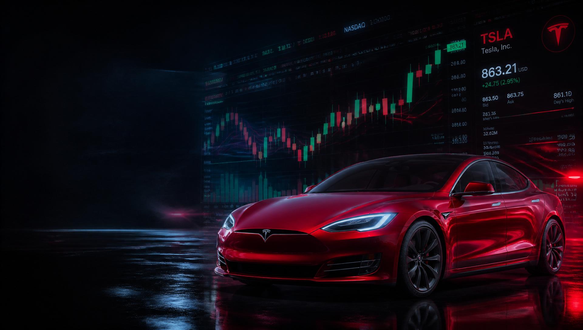 Tesla vehicle with holographic stock market charts