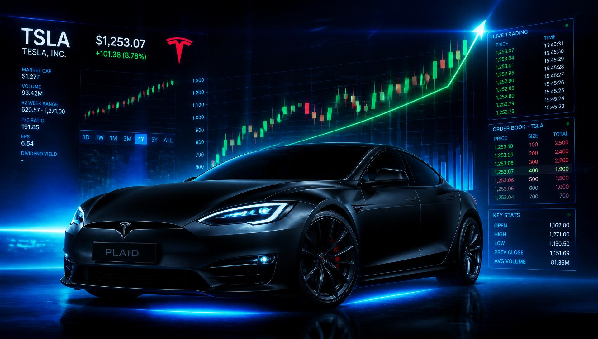 Tesla Model S with live TSLA stock charts and trading data